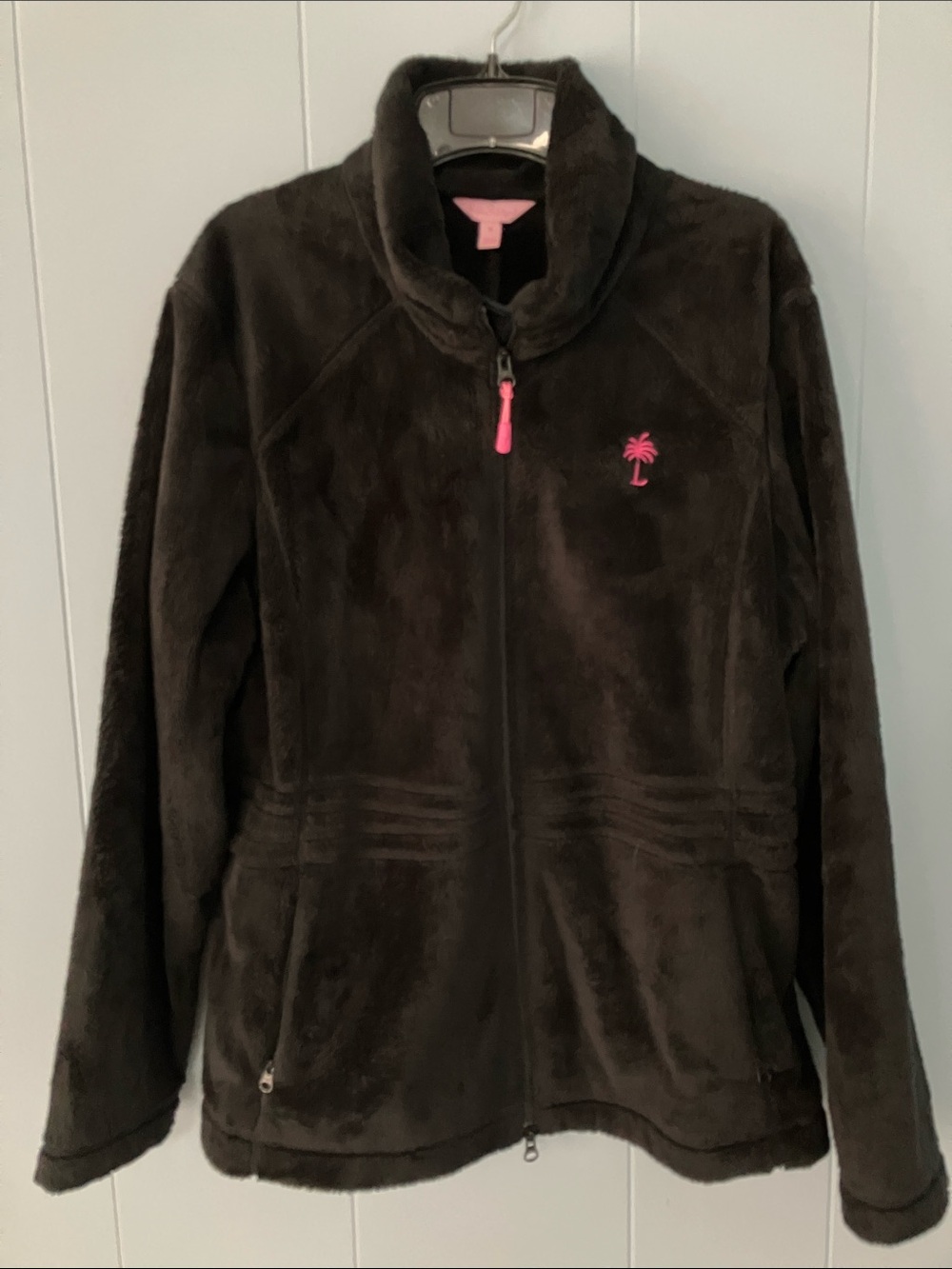 Lilly Pulitzer Maddie Jacket XL Fuzzy Black with Pink Logo Tag